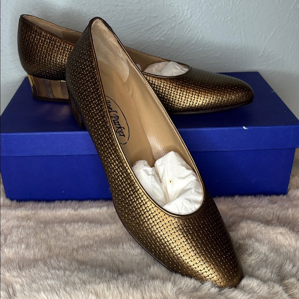 Vintage Woven Bronze Leather Joel Parker‎ Low Block Heel 9AA NEW Shoes